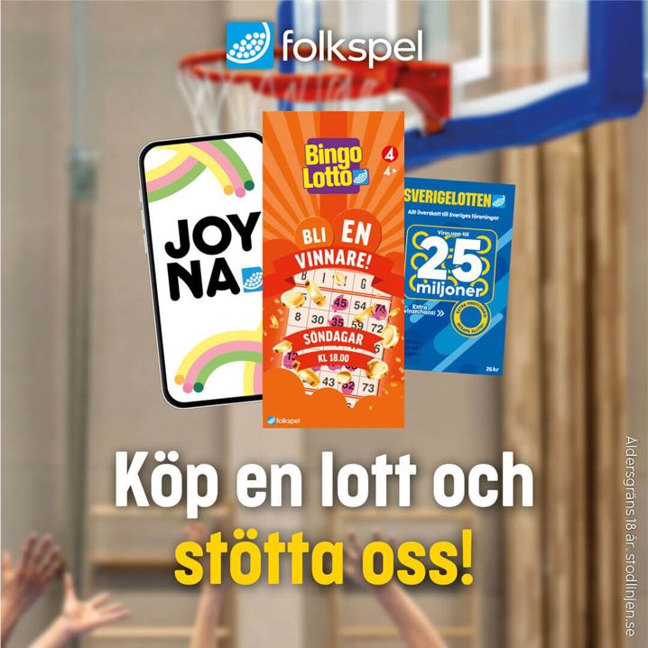 Folkspels Joyna, BingoLotto och Sverigelotten i en bild tillsammans mot en bakgrund av en basketkorg