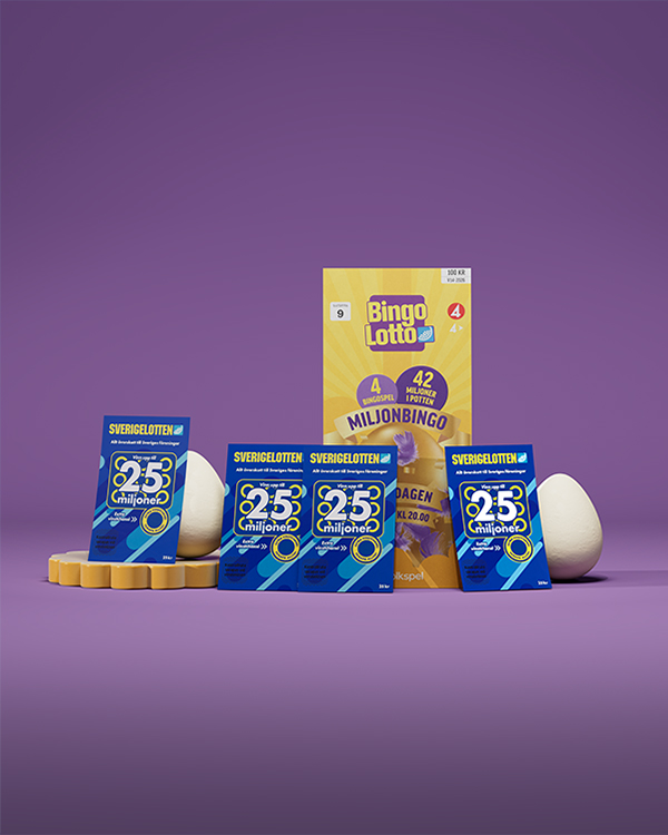 En gul påskbingolott tillsammans med fyra Sverigelotter mot en lila bakgrund