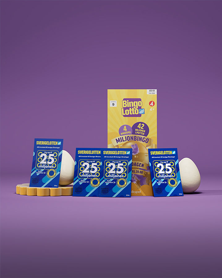 En gul påskbingolott tillsammans med fyra Sverigelotter mot en lila bakgrund