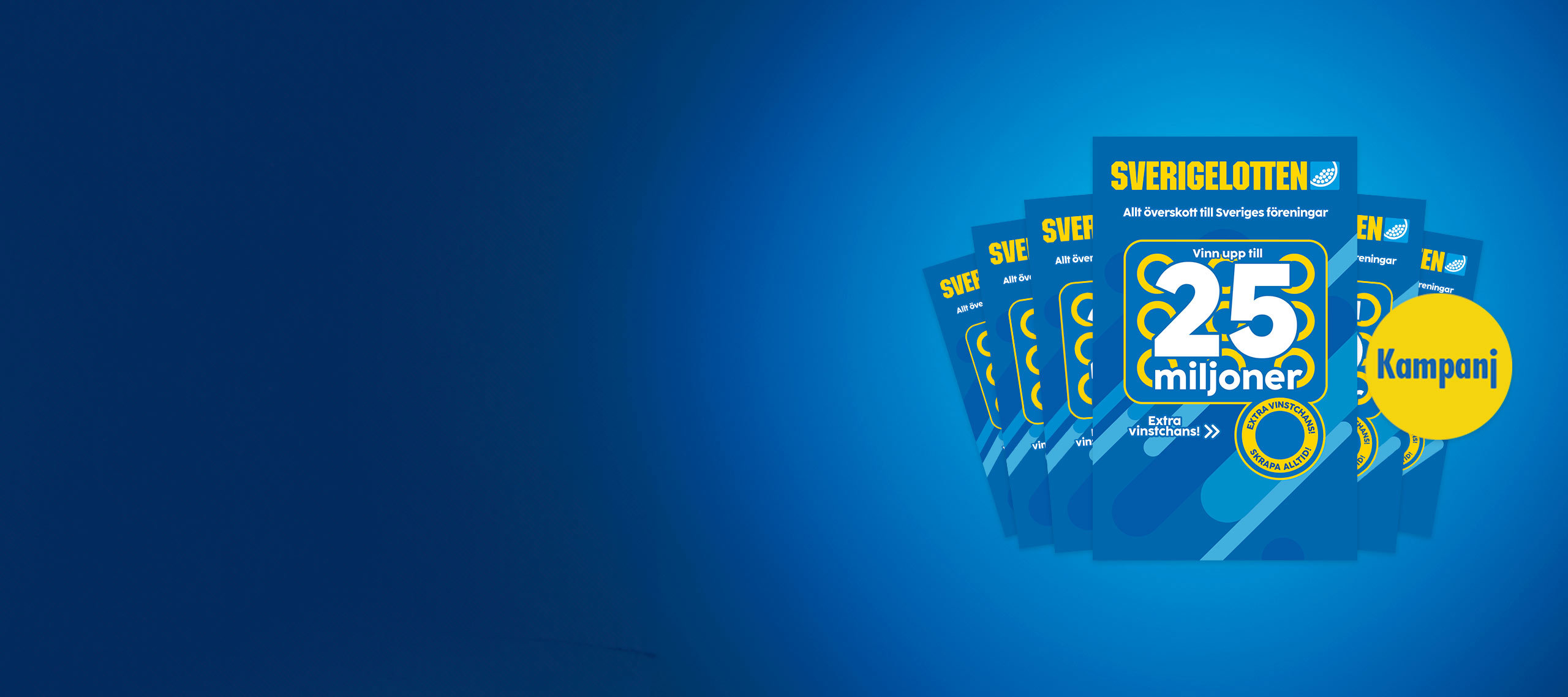 En bunt Sverigelotter mot en blå bakgrund med en rund gul cirkel där det står kampanj