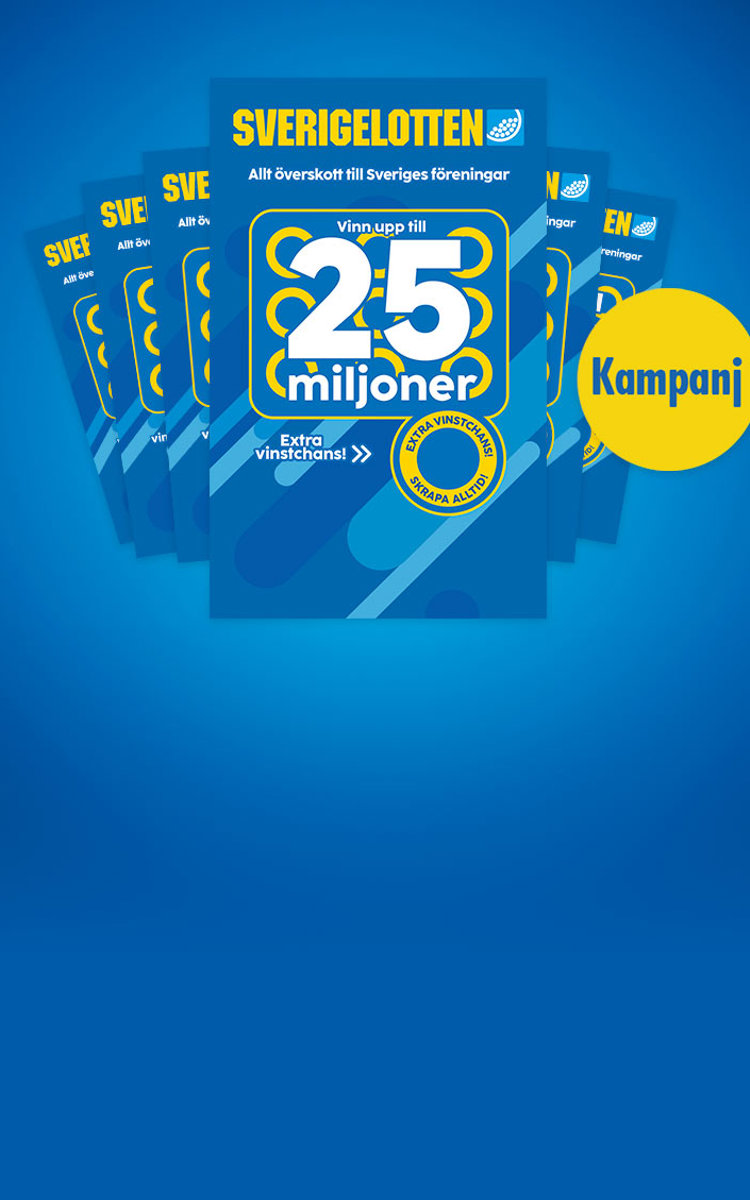 En bunt Sverigelotter mot en blå bakgrund med en rund gul cirkel där det står kampanj