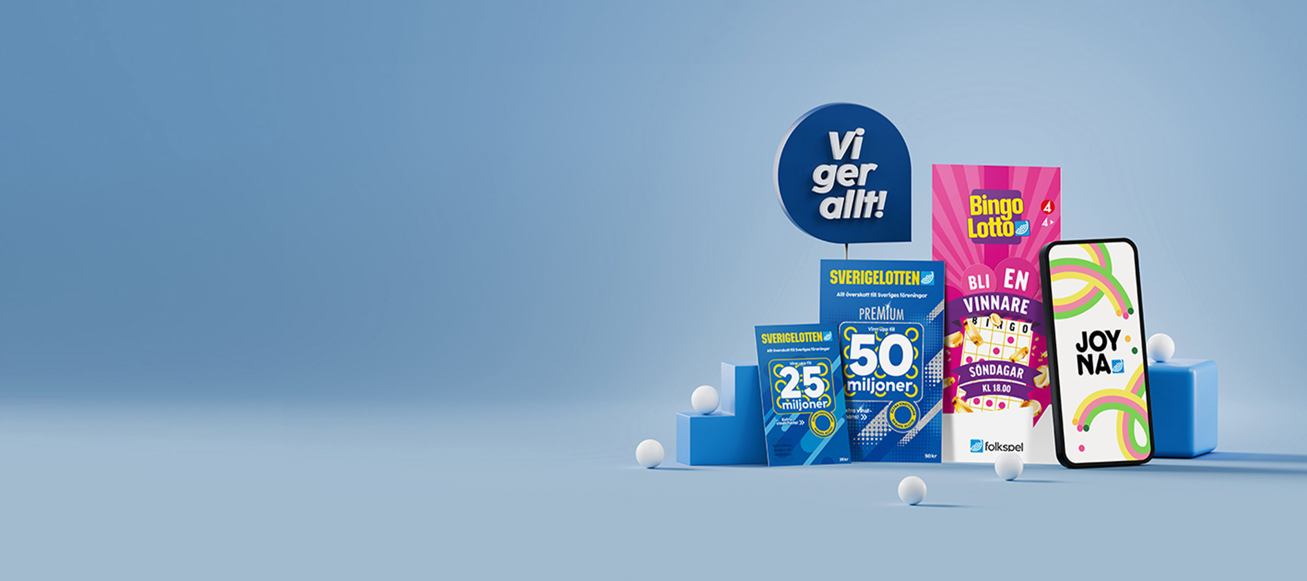 Folkspels olika lotter från bingolotto, sverigelotten och joyna står uppradade bredvid varandra