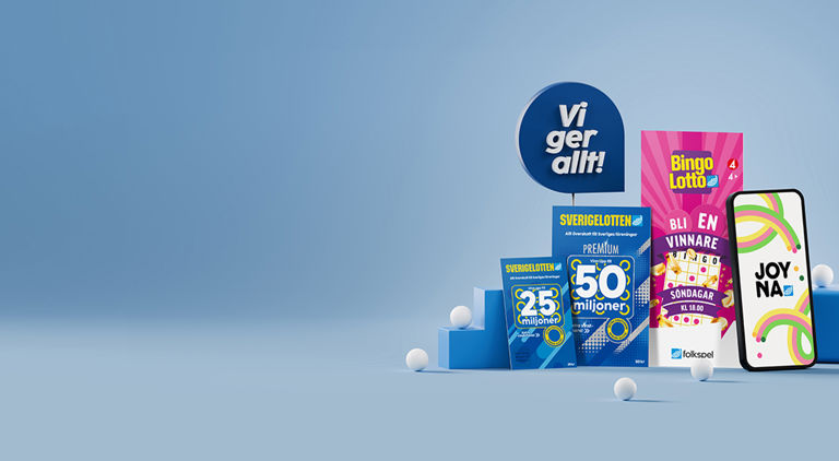 Folkspels olika lotter från bingolotto, sverigelotten och joyna står uppradade bredvid varandra