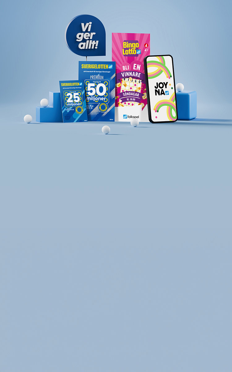 Folkspels olika lotter från bingolotto, sverigelotten och joyna står uppradade bredvid varandra