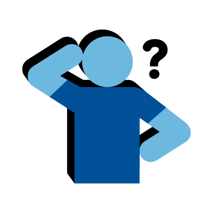 En tecknad symbol av en människa som håller en hand på huvudet och en på höften och ett frågetecken till höger