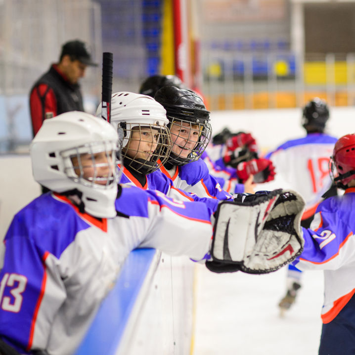 Barn i hockeyutrustning, några åkandes på isen, och några som står i avbytarbåset.
