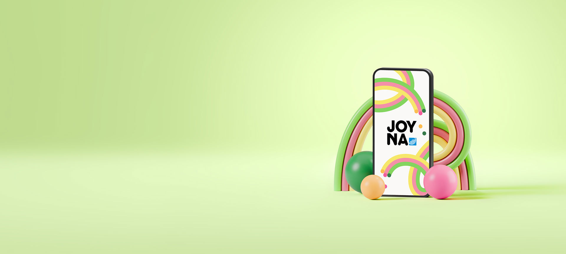 Grön bakrund med mobiltelefon till höger med joyna-logga och bollar runt i 3D
