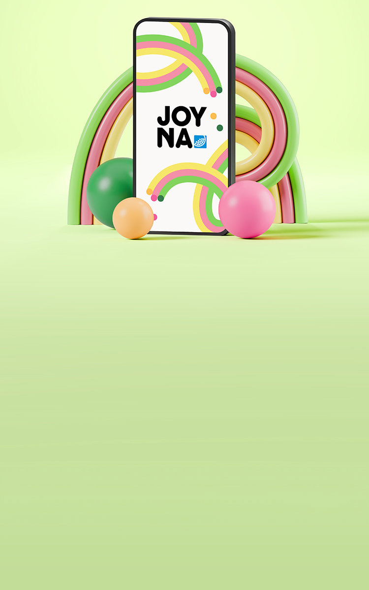 Grön bakrund med en telefon som har en joyna-logga i sig med bollar runt i 3D