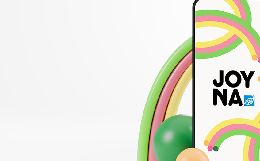Vit bakgrundbild med telefon som har joyna-logotyp i sig