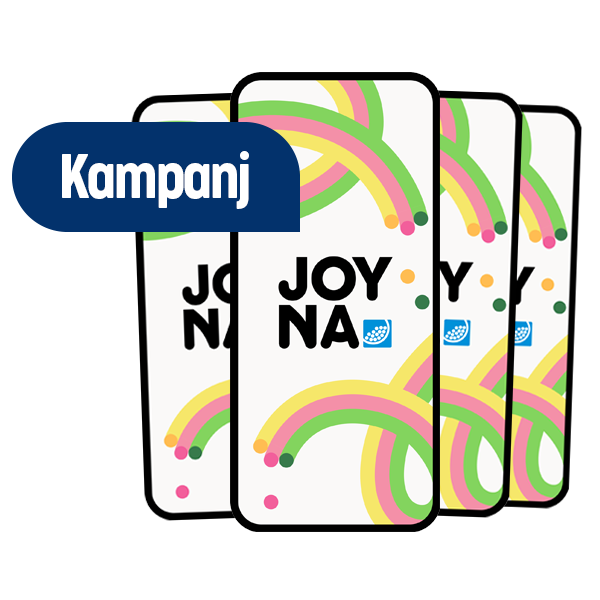 En bild på fyra telefoner som innehåller bild på joynas logotyp med texten kampanj