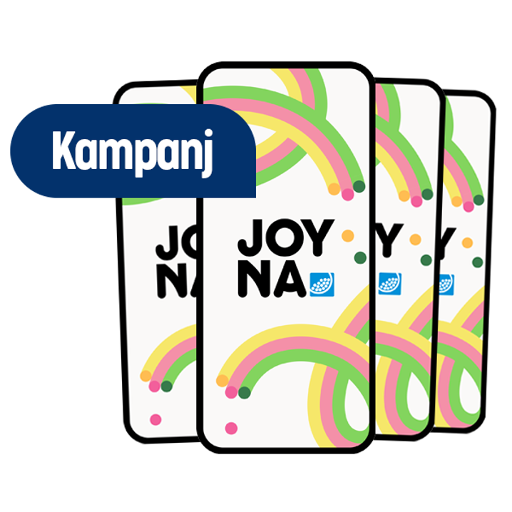 En bild på fyra telefoner som innehåller bild på joynas logotyp med texten kampanj