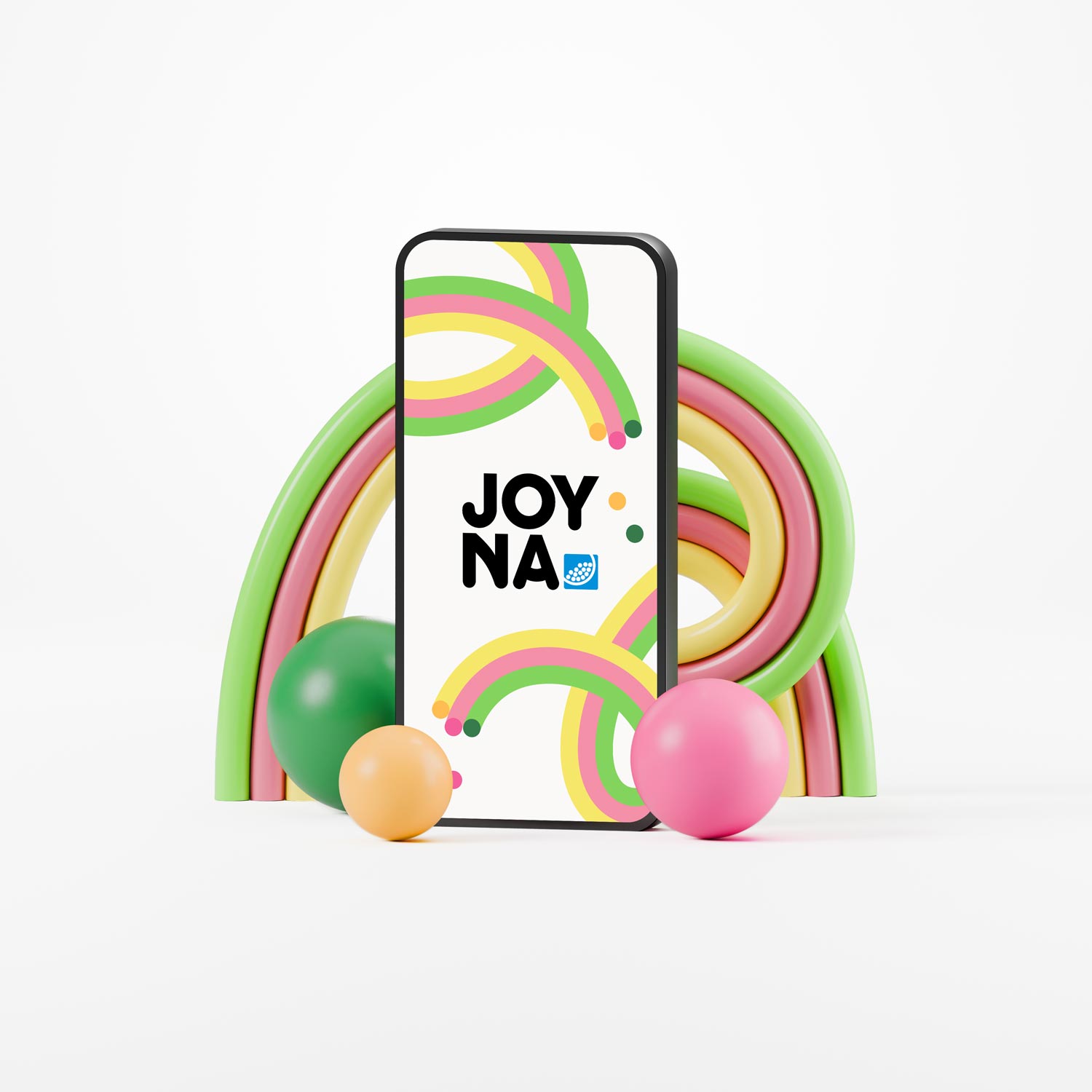 Logotypen för JOYNA i en mobiltelefon omgiven av färgglada bollar