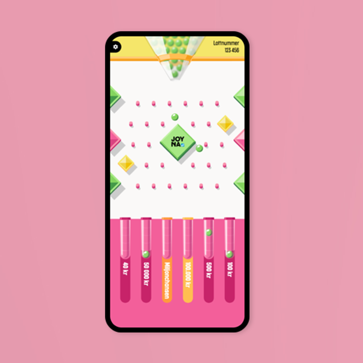 Rosa bakgrundsbild med mobiltelefon som har JOYNA-spelet i sig