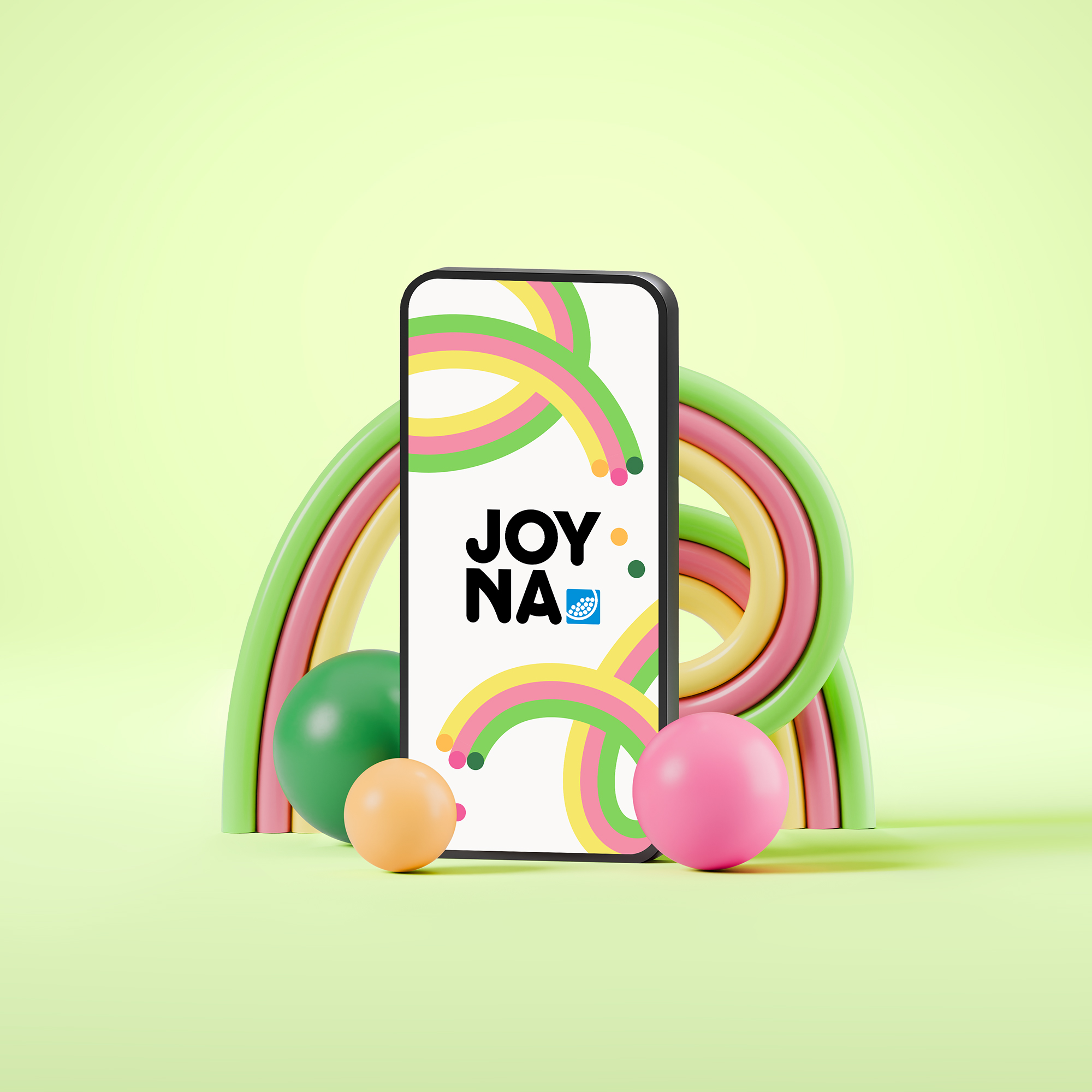 Grön bakgrund med en mobiltelefon med joynas logotyp