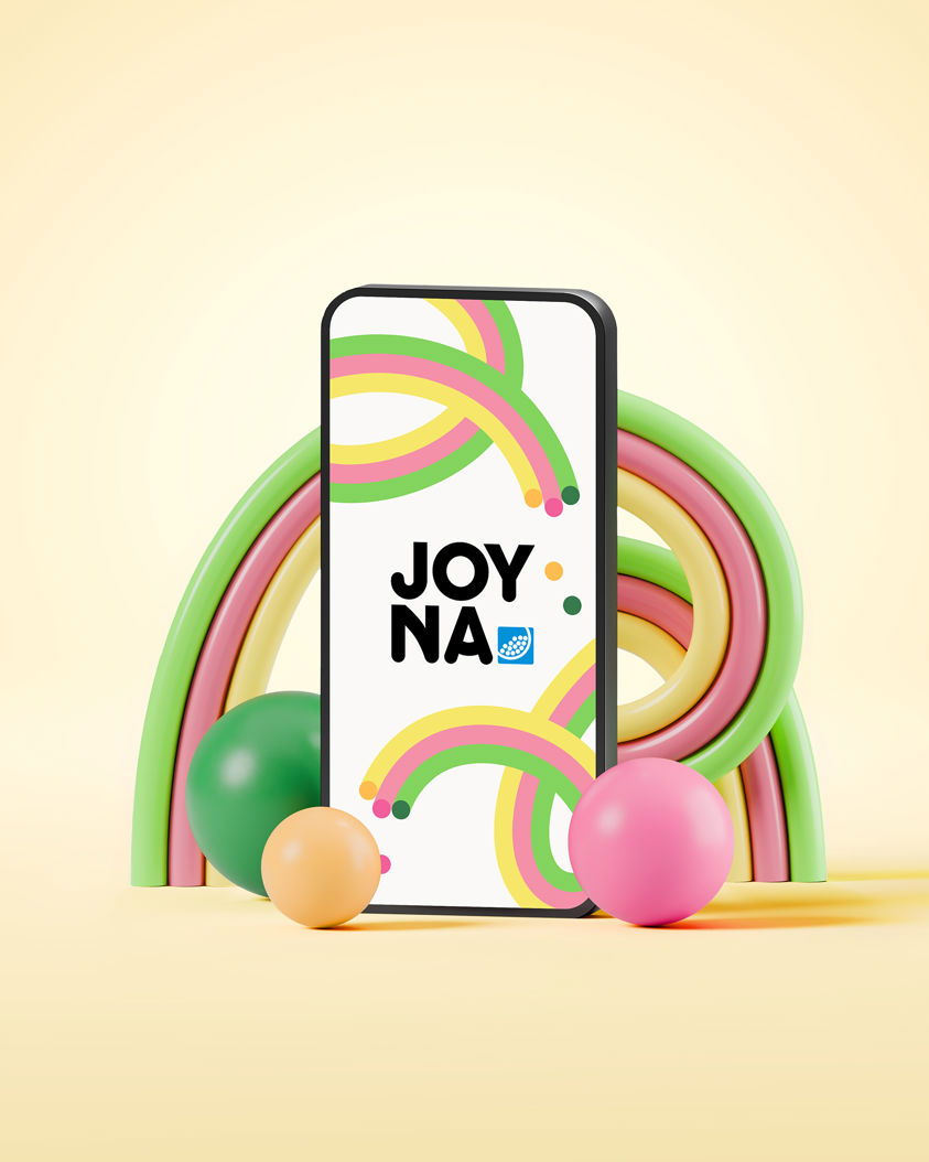 Gul bakgrund med en mobiltelefon med joynas logotyp