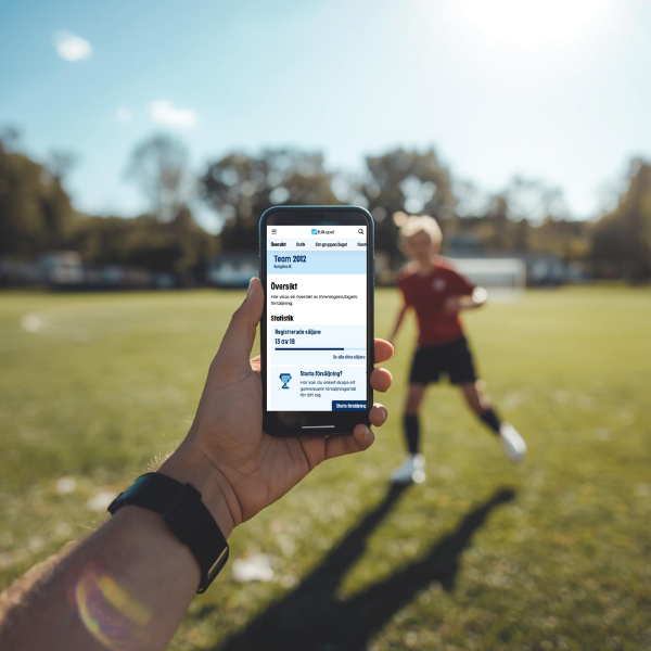 En mobil med Folkspels webbshop och en pojke som tranar fotboll