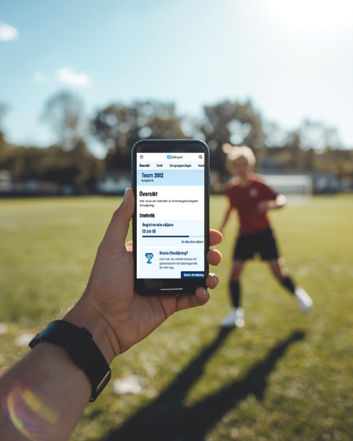 En mobil med Folkspels webbshop och en pojke som tranar fotboll