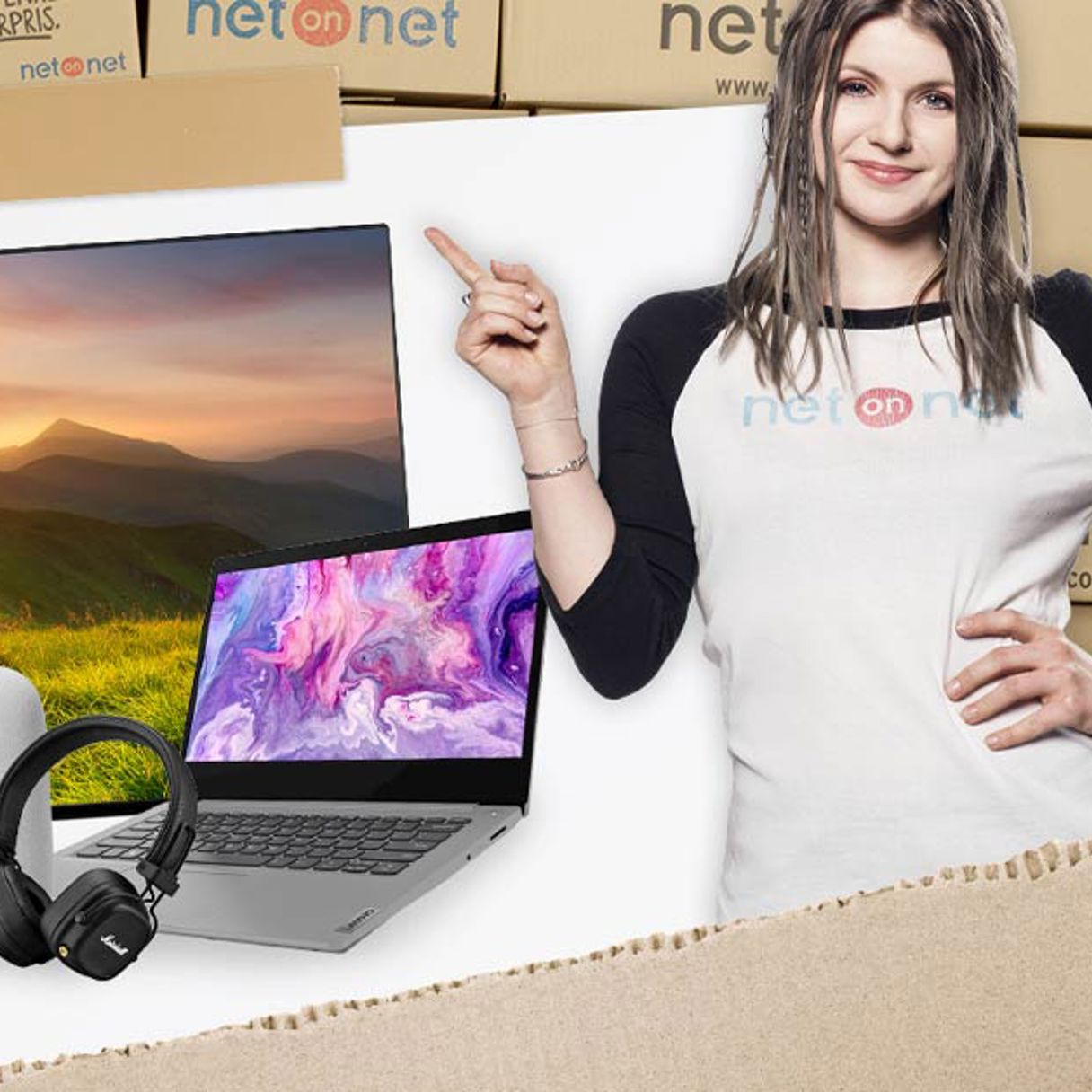 Bild på tjej som pekar på NetonNets produkter