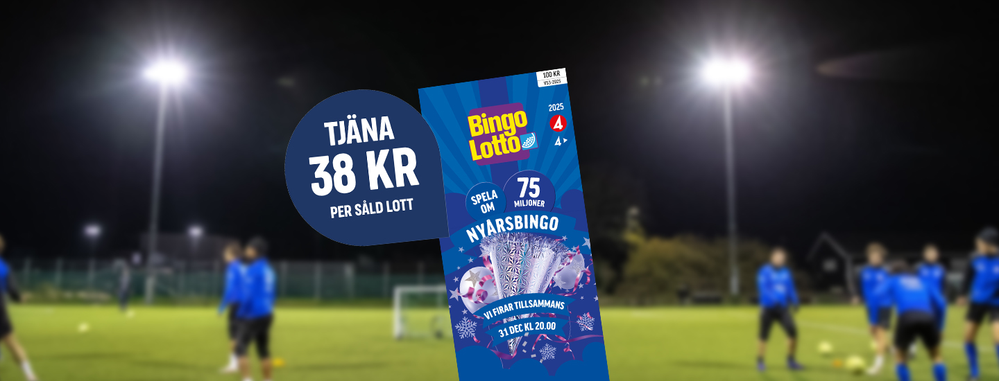 En blå nyårsbingolott mot en bakgrund av en fotbollsplan