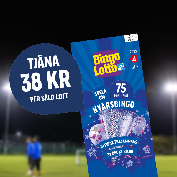 En blå nyårsbingolott mot en bakgrund av en fotbollsplan