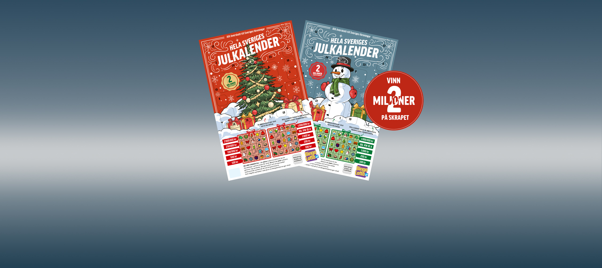Bingolottos julkalender, tvp olika exemplar varav den ena med röd med julgran och den andra blågrå med snögubbe på