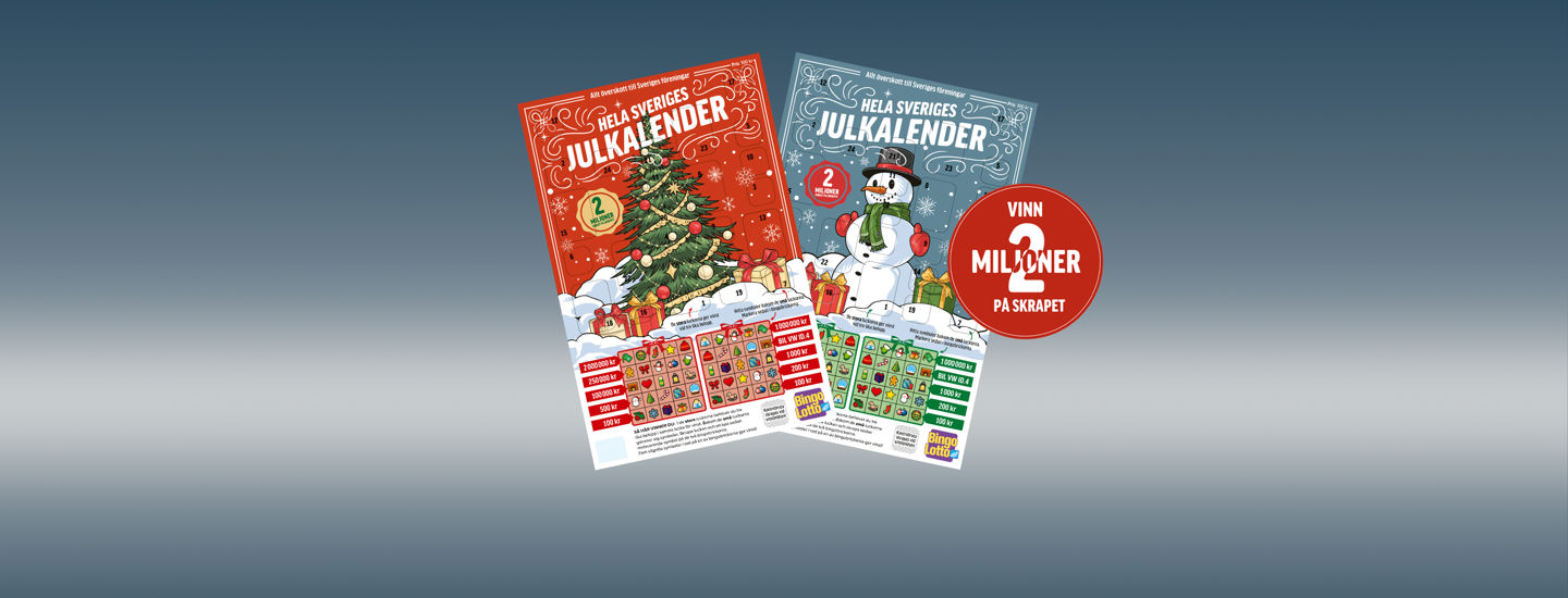 Bingolottos julkalender, tvp olika exemplar varav den ena med röd med julgran och den andra blågrå med snögubbe på