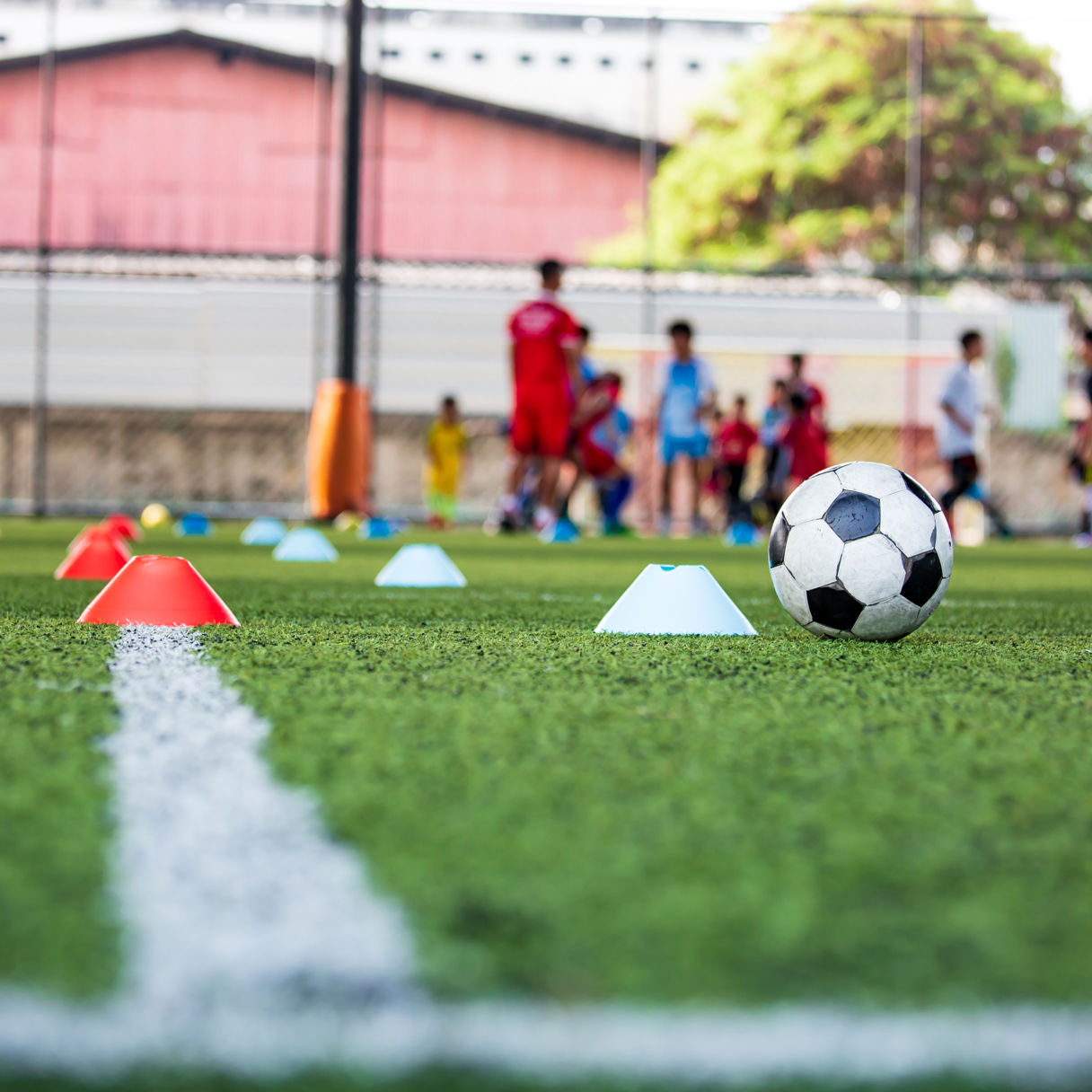 En fotbollsplan med en fotboll, utspridda konor i rött och vitt och ett fotbollslag i bakgrunden