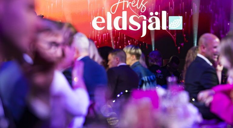 Galaklädda människor sittande vid dukat bord på Årets Eldsjäls Galakväll
