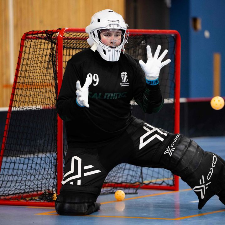 Hockeymålvakt framför sitt mål.