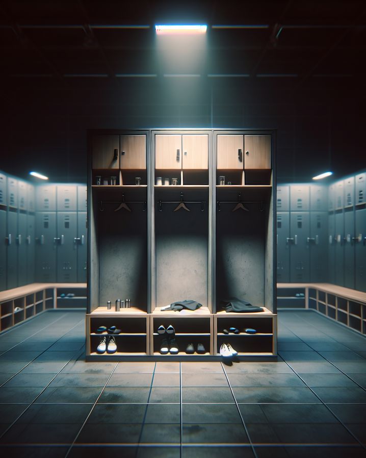 Tomt omklädningsrum med bänkar och dämpad belysning.