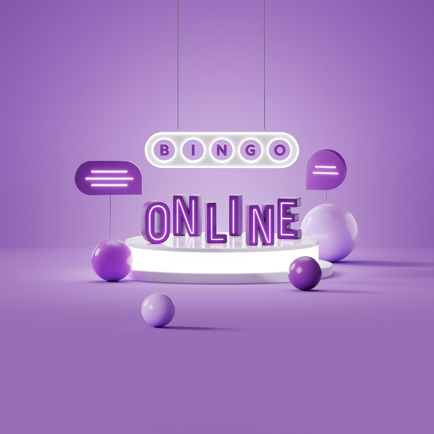 Stilleben med neonskyltar med texten Bingo Online och lila bingobollar