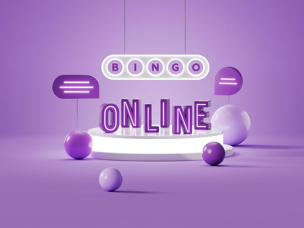 Stilleben med neonskyltar med texten Bingo Online och lila bingobollar