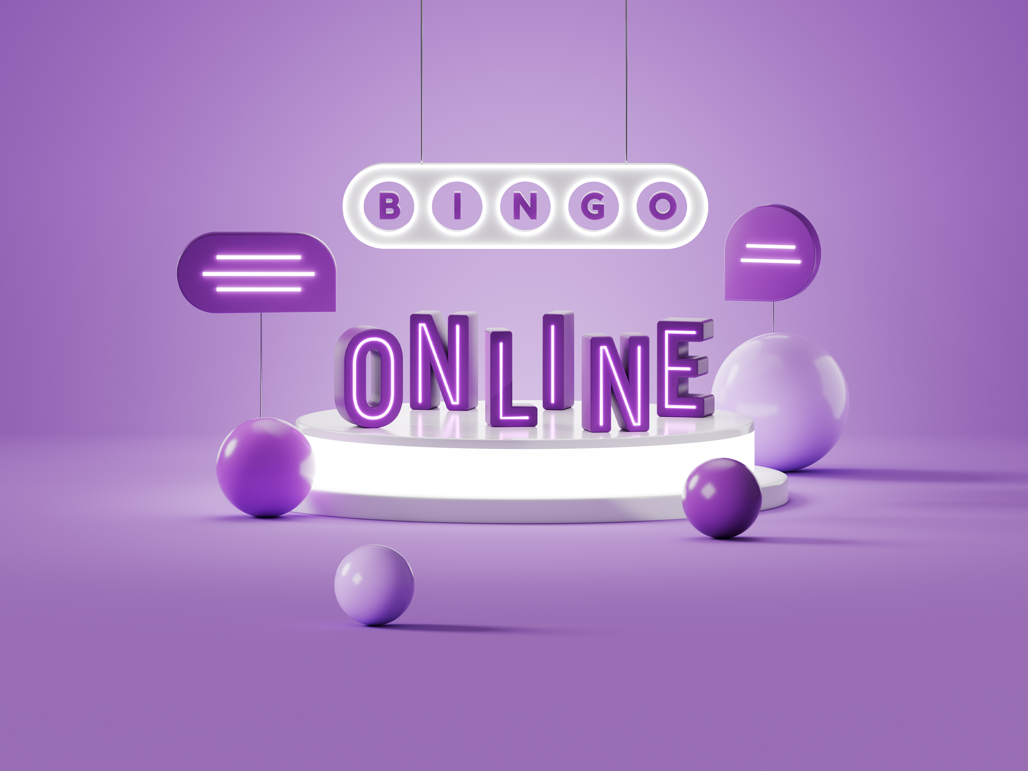 Ett stilleben av bingobollar i olika lila nyanser, lila pratbubblor och texten Bingo Online på en upplyst scen