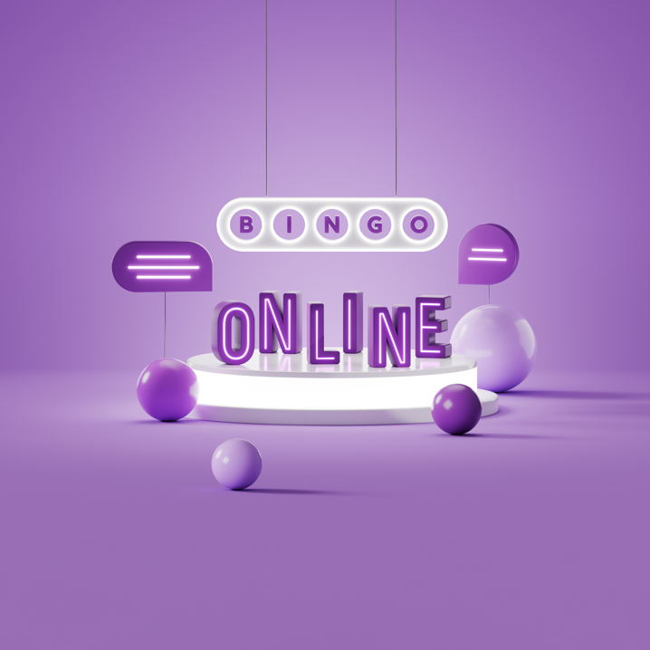 Ett stilleben av bingobollar i olika lila nyanser, lila pratbubblor och texten Bingo Online på en upplyst scen