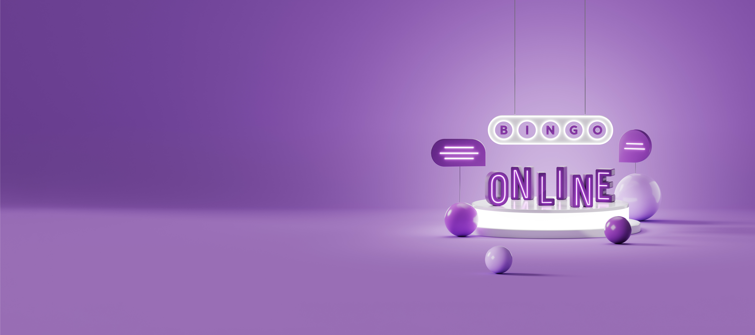 Ett stilleben av bingobollar i olika lila nyanser, lila pratbubblor och texten Bingo Online på en upplyst scen