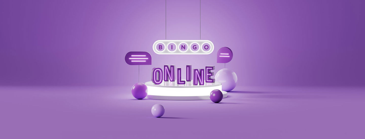 Lila bakgrund med stiliserade 3D-ikoner, pratbubbla och texten Bingo Online