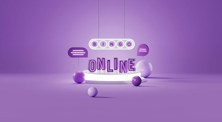 Lila bakgrund med stiliserade 3D-ikoner, pratbubbla och texten Bingo Online