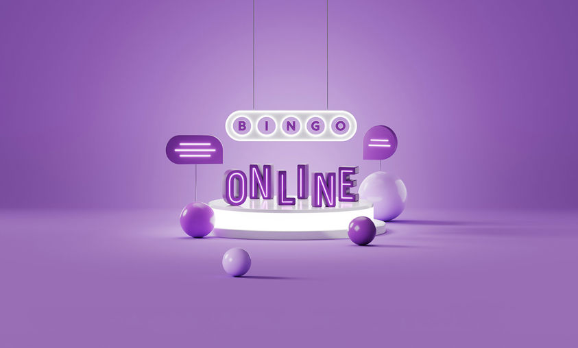 Lila bakgrund med stiliserade 3D-ikoner, pratbubbla och texten Bingo Online