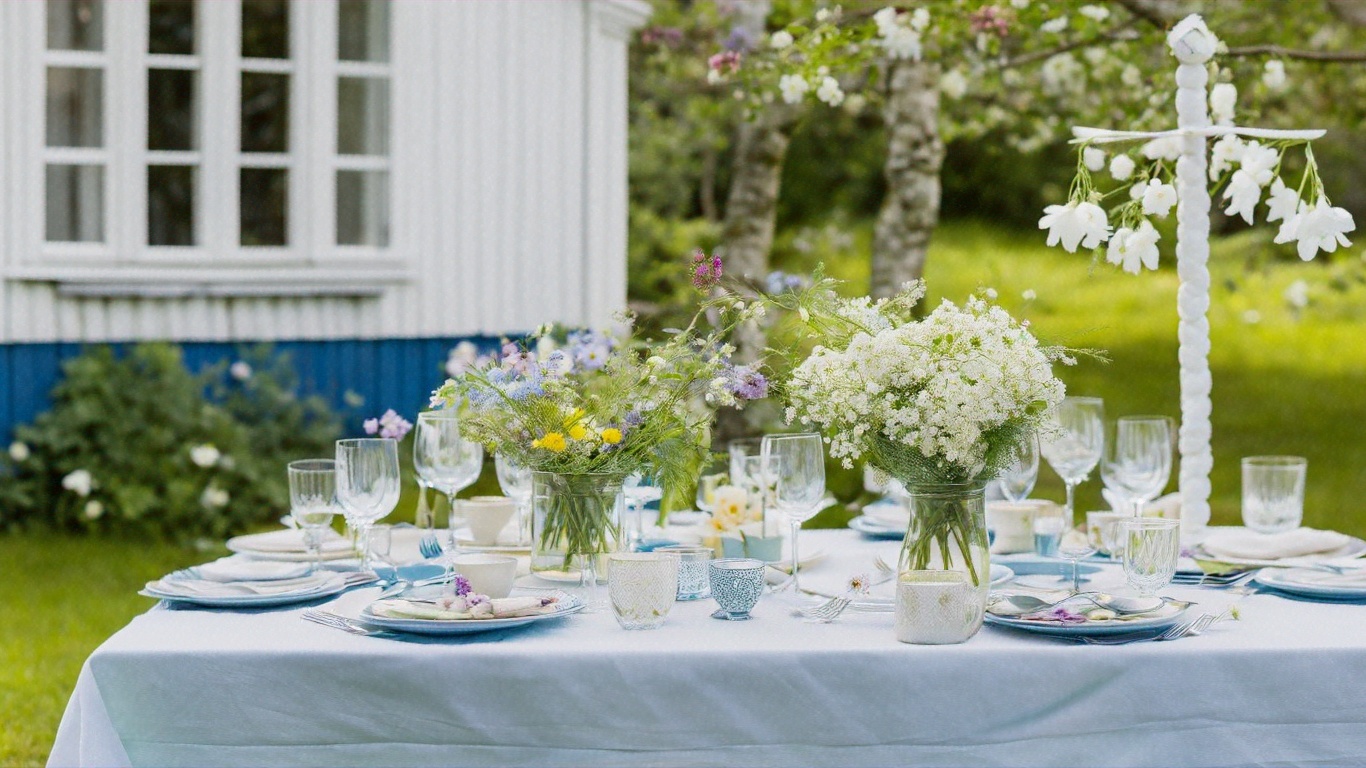 Midsommardukning med blommor i vas, framför en idyllisk vit stuga