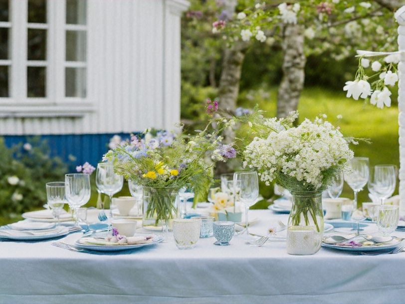 Midsommardukning med blommor i vas, framför en idyllisk vit stuga