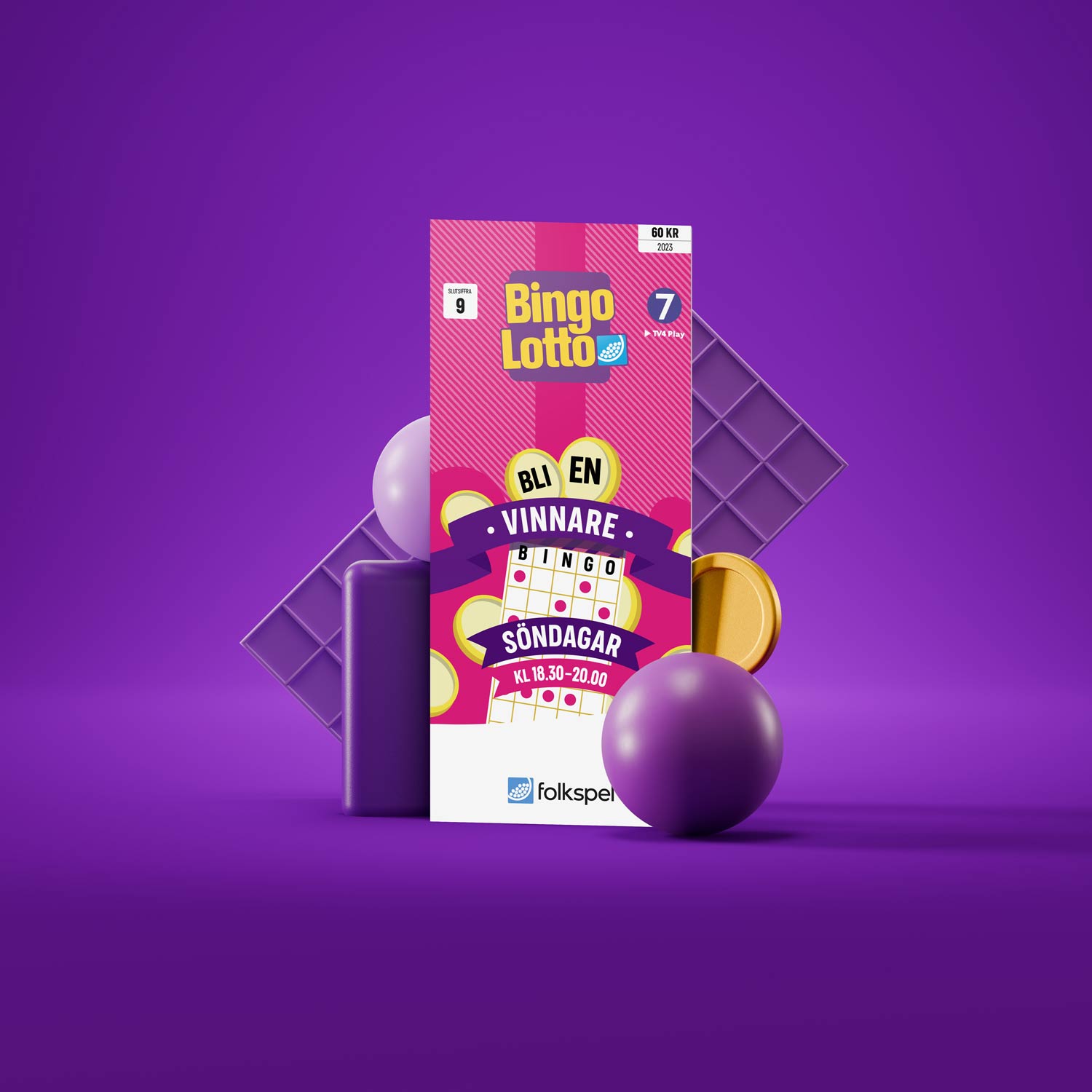 Ett stilleben av en rosa bingolott, lila bingobollar bingobricka och pengar på en BingoLotto-lila bakgrund