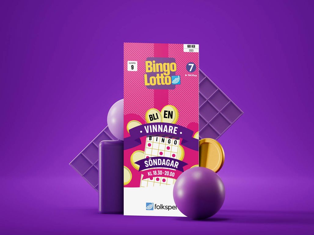 Ett stilleben av en rosa bingolott, lila bingobollar bingobricka och pengar på en BingoLotto-lila bakgrund