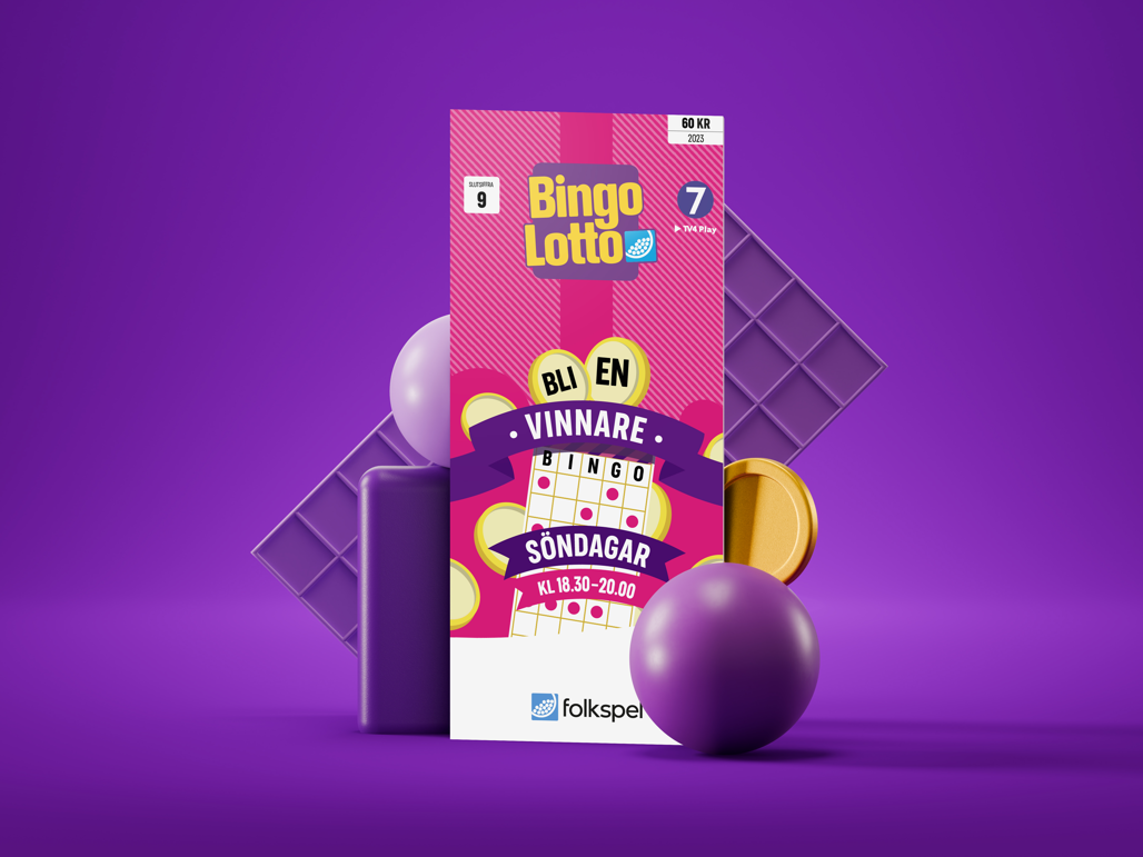 Ett stilleben av en rosa bingolott, lila bingobollar bingobricka och pengar på en BingoLotto-lila bakgrund