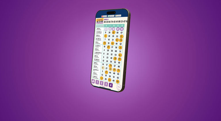 Digital bingolott i mobil mot en lila bakgrund