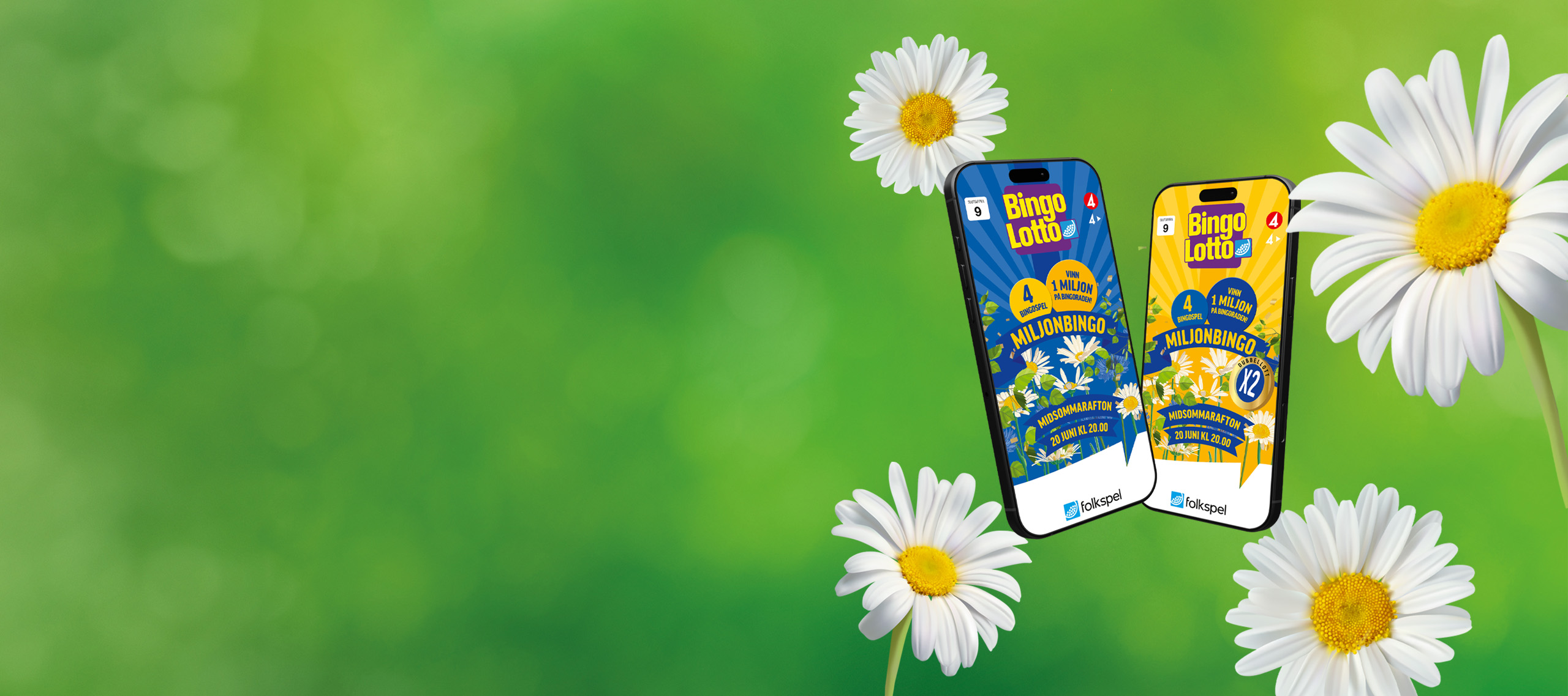 Två midsommarlotter i mobiler, mot en grön bakgrund med blommor