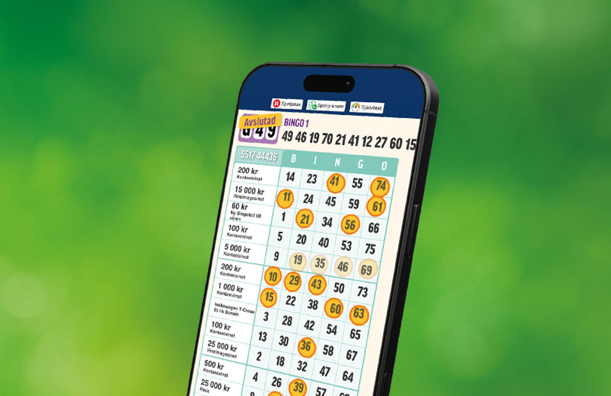 En telefon som visar upp BingoLottos app, mot en grön bakgrund