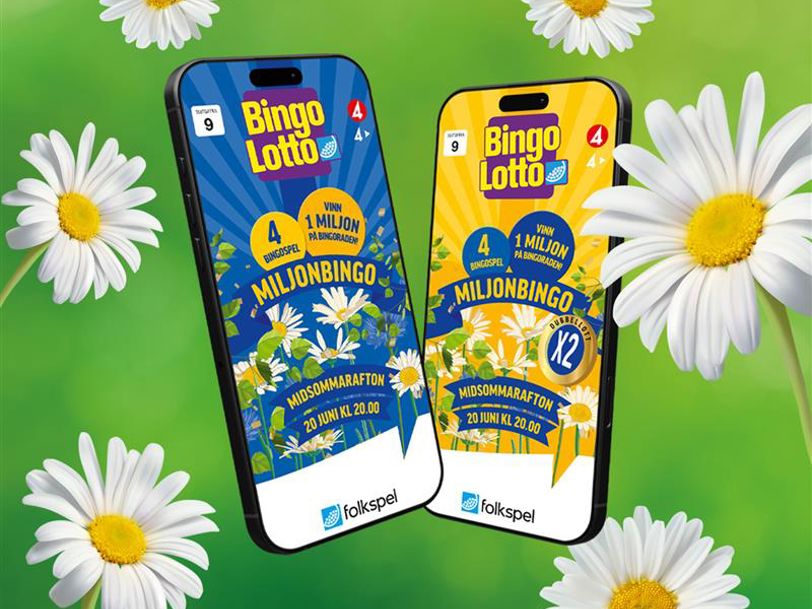 Två midsommarlotter i mobiler, mot en grön bakgrund med blommor