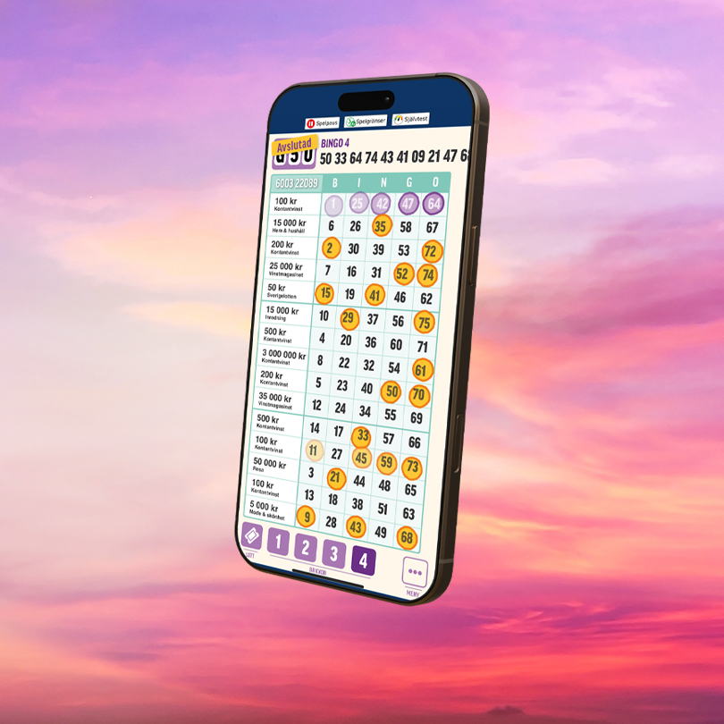Telefon som visar upp en digital bingolott, framför en rosafärgad himmel