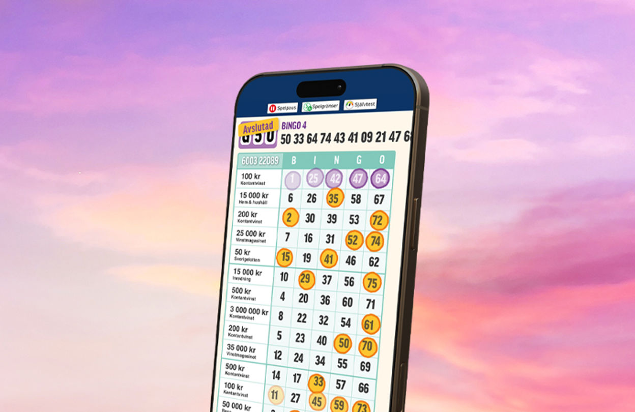 Telefon som visar upp en digital bingolott, framför en rosafärgad himmel