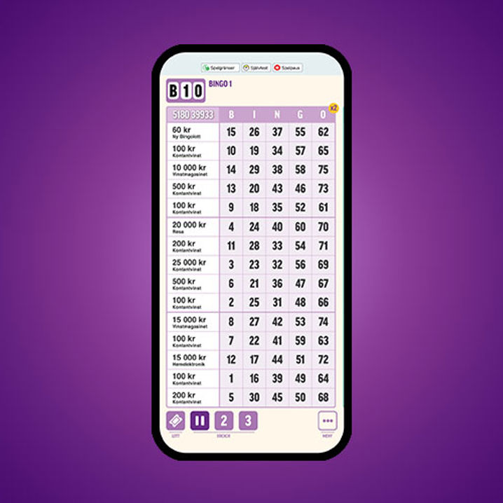 En mobiltelefon som visar upp en digital bingolotto-bricka
